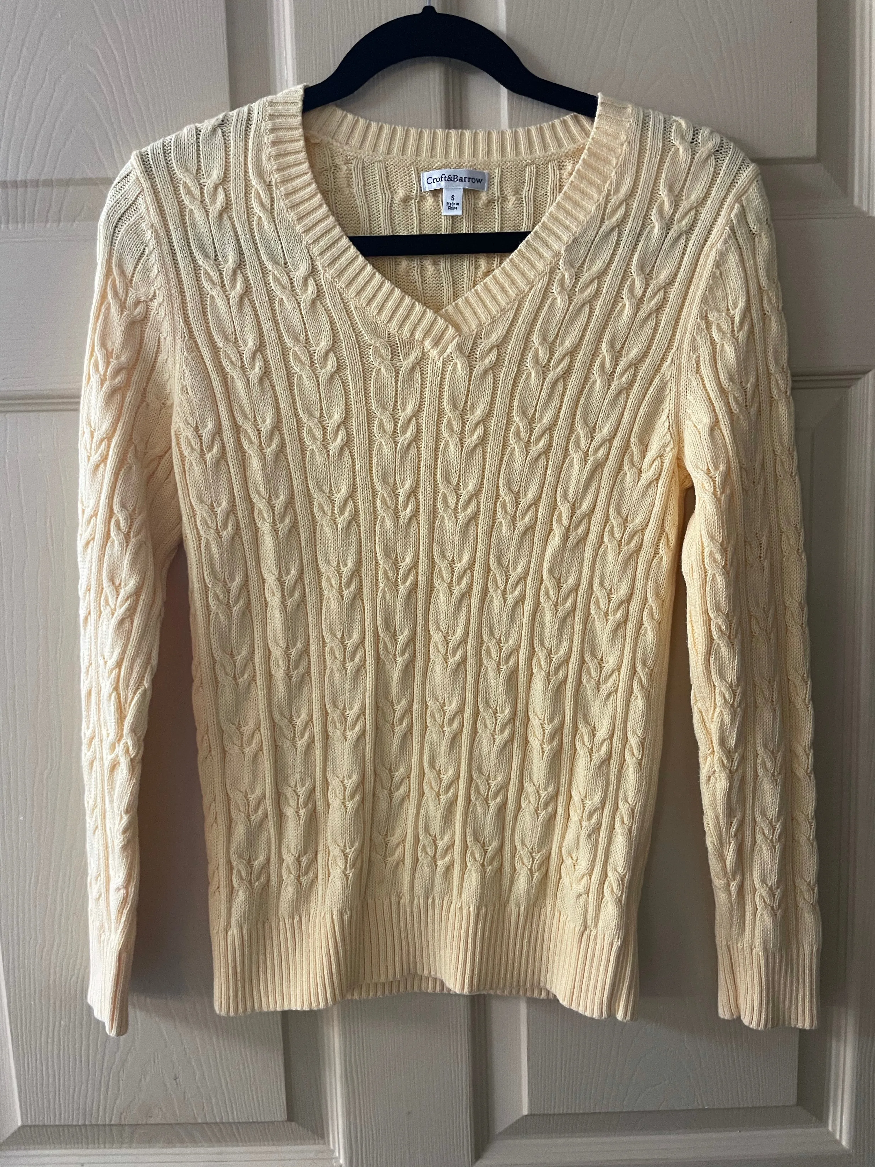 € Womens Small Yellow Croft&Barrow V-Neck Cable Knit Sweater Pullover Long Sleeves Cotton