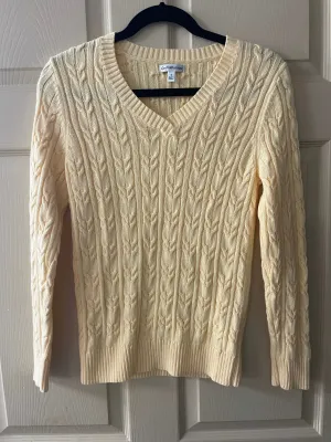 € Womens Small Yellow Croft&Barrow V-Neck Cable Knit Sweater Pullover Long Sleeves Cotton