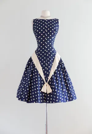 1950's Navy Blue Polka Dot Sleeveless Party Dress / Waist 26