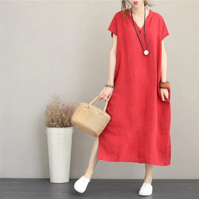 2018 red natural cotton dress casual v neck traveling dress Elegant side open maxi dresses