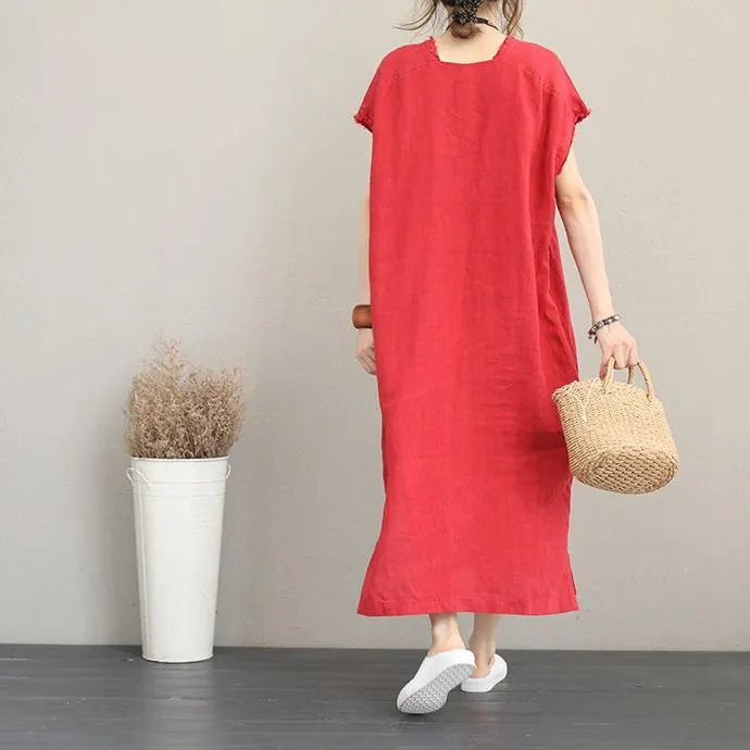 2018 red natural cotton dress casual v neck traveling dress Elegant side open maxi dresses