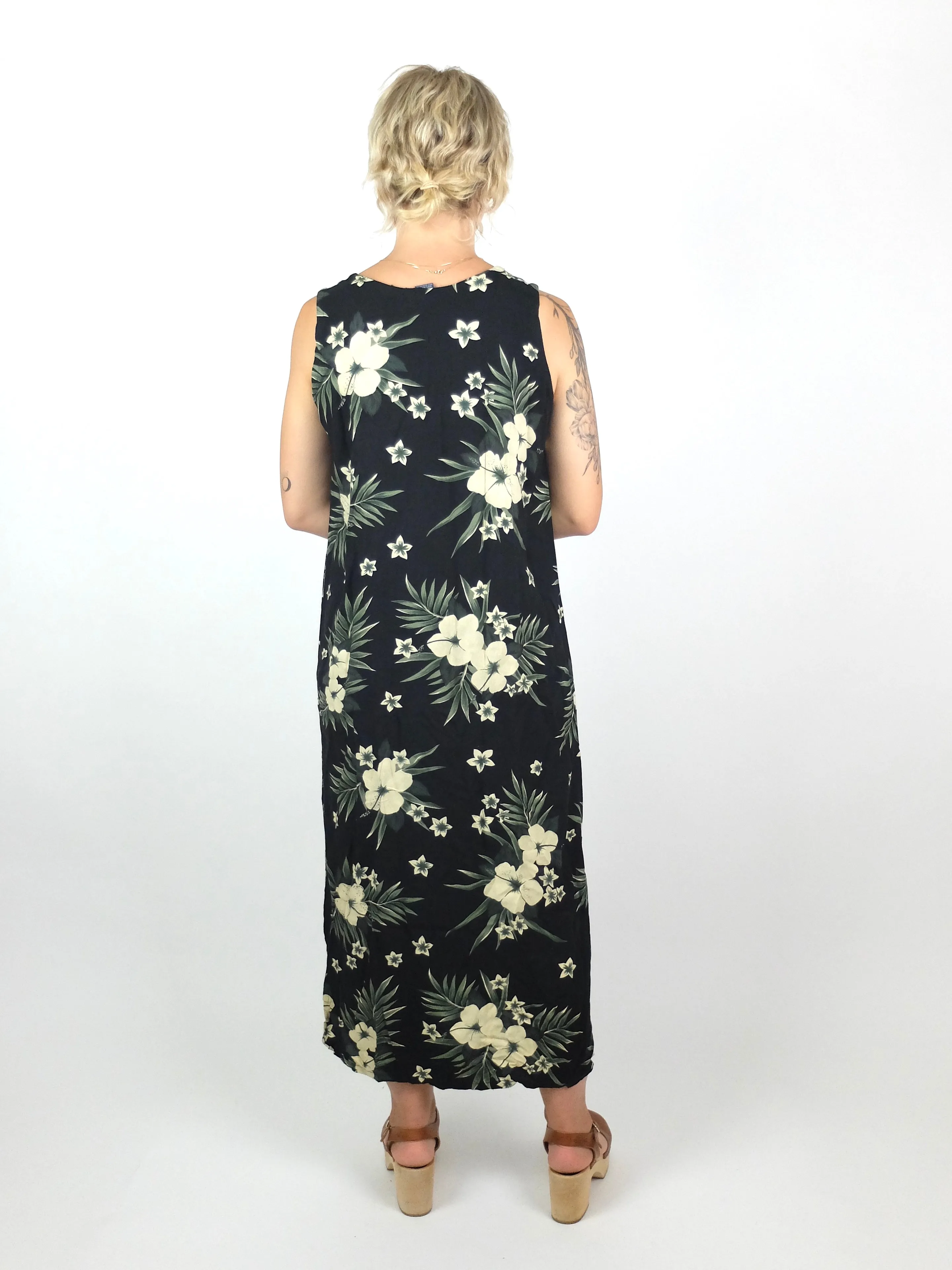 80s Tropical Hawaiian Black Floral Sleeveless Maxi Shift Tank Dress