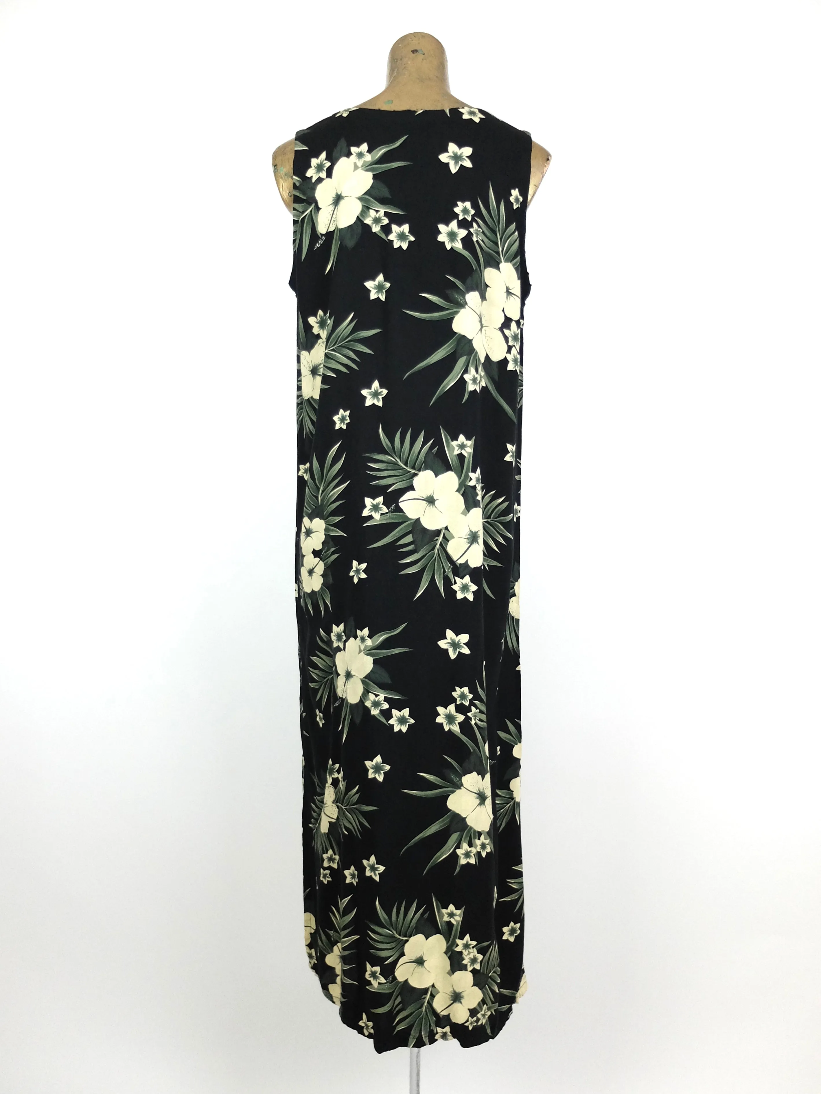 80s Tropical Hawaiian Black Floral Sleeveless Maxi Shift Tank Dress