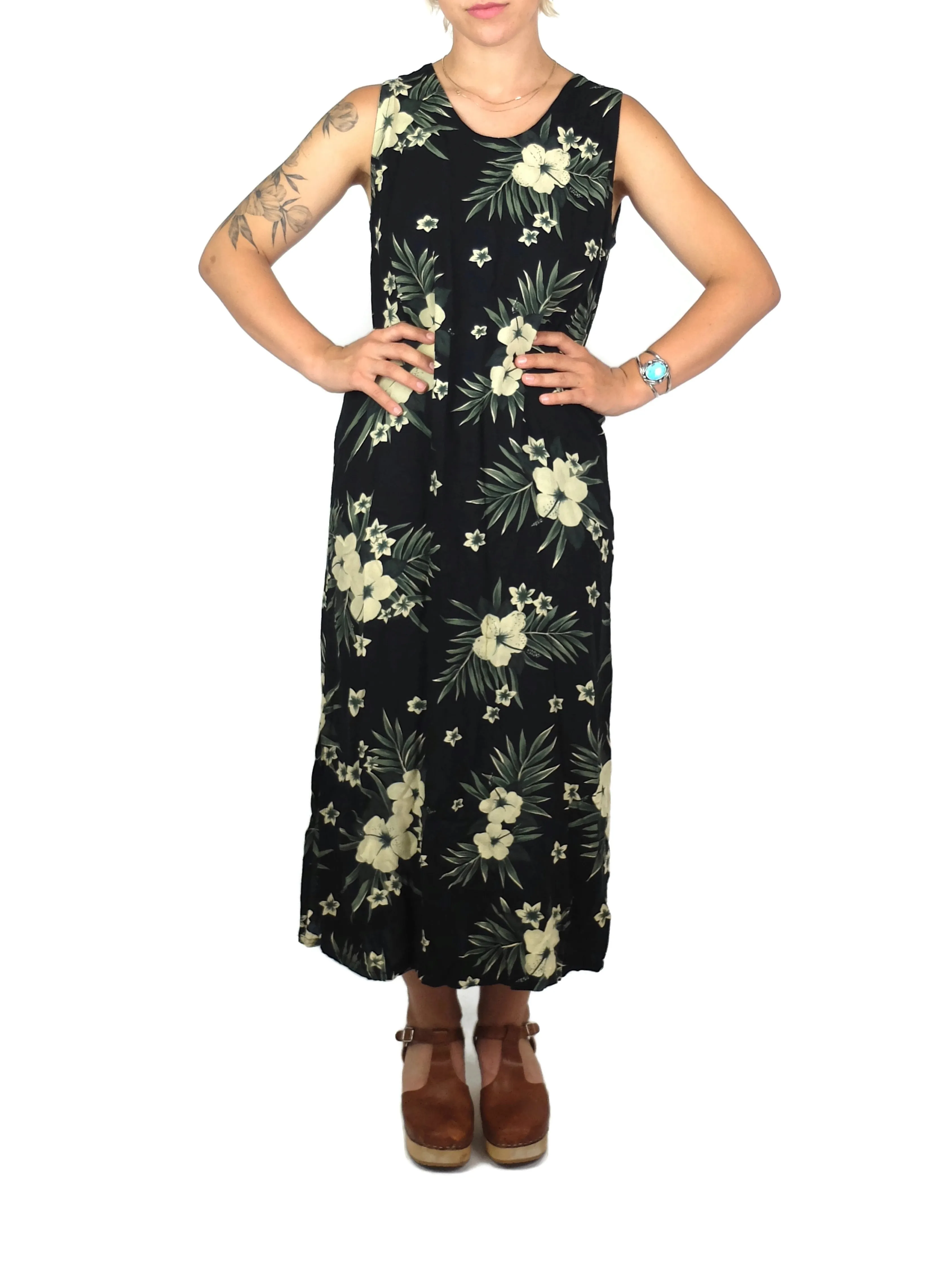 80s Tropical Hawaiian Black Floral Sleeveless Maxi Shift Tank Dress