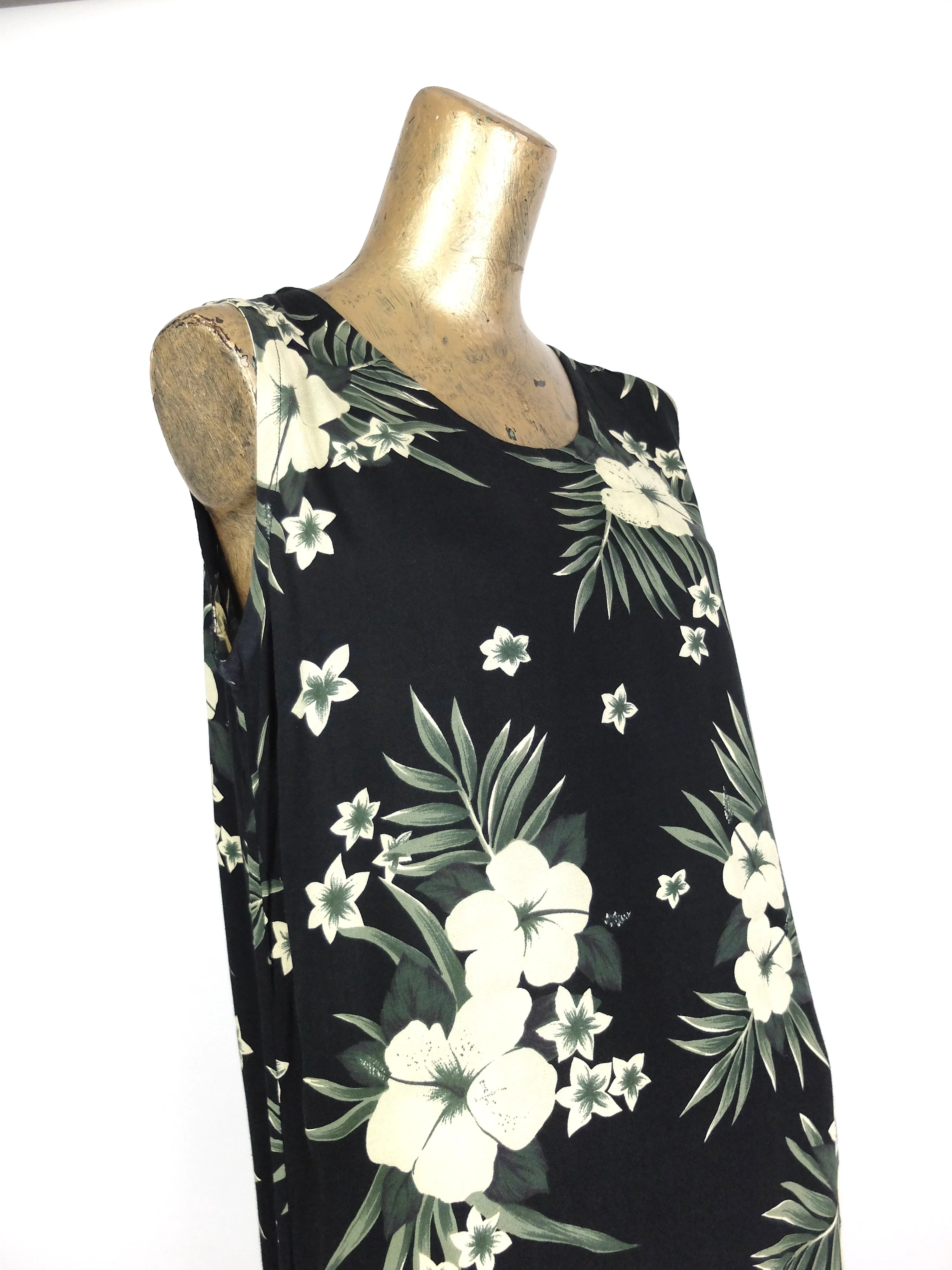 80s Tropical Hawaiian Black Floral Sleeveless Maxi Shift Tank Dress