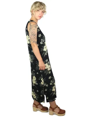 80s Tropical Hawaiian Black Floral Sleeveless Maxi Shift Tank Dress