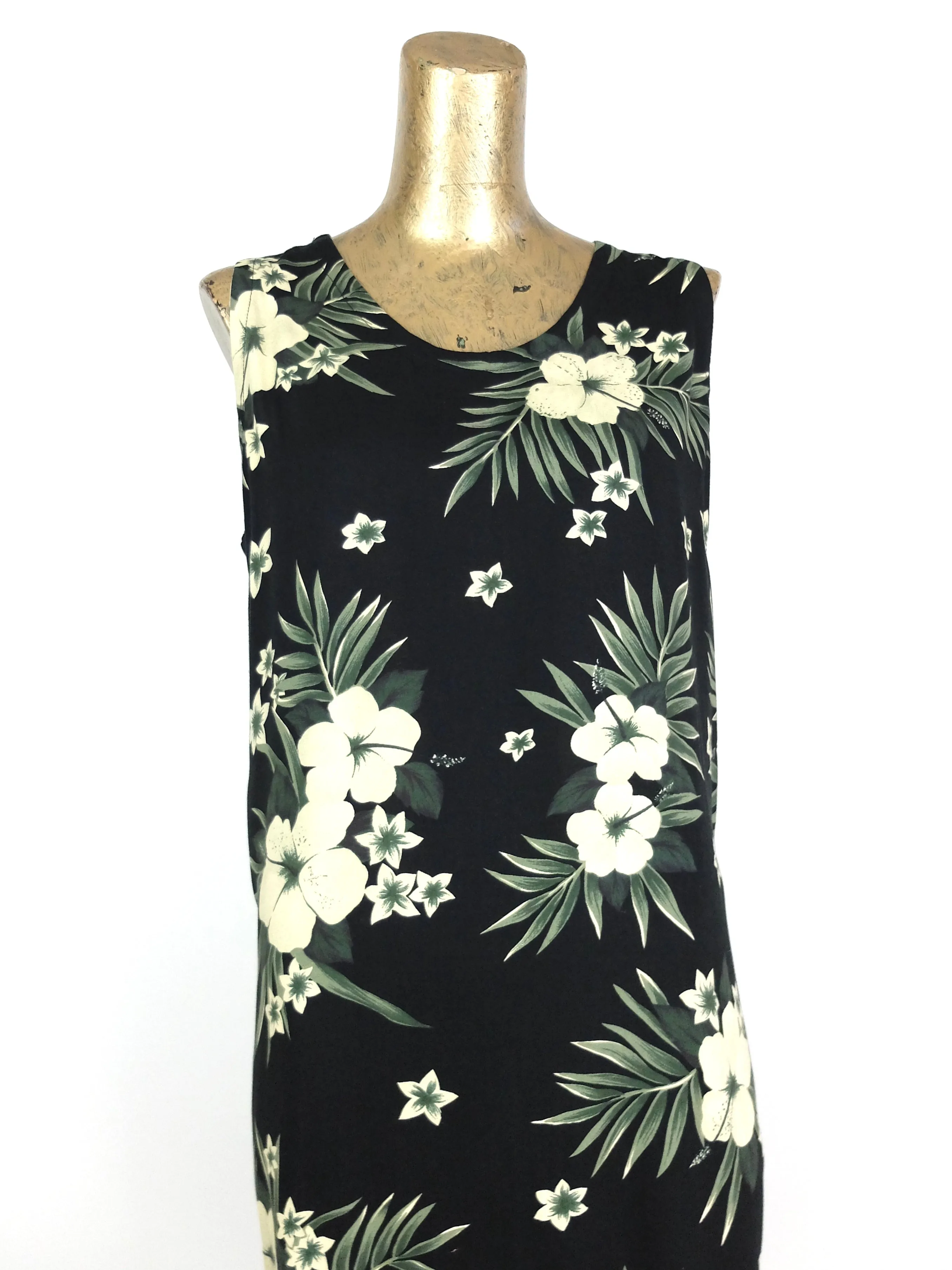 80s Tropical Hawaiian Black Floral Sleeveless Maxi Shift Tank Dress