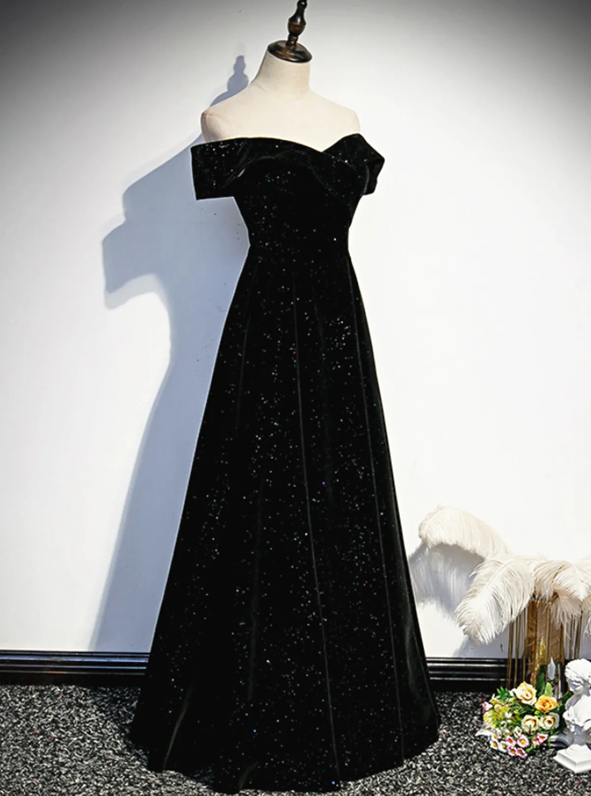 A-line Black Sweetheart Off Shoulder Long Velvet Prom Dress, Black Evening Dress