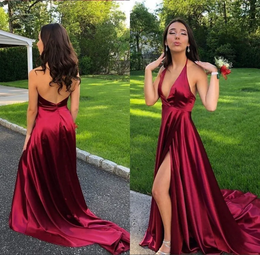 A Line Halter V Neck Backless Burgundy Satin High Slit Long Prom Dresses with Train, Burgundy Formal Dresses, Evening Dresses