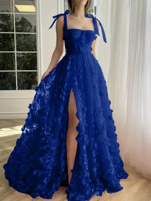 A-Line Princess Blue Straps Long Prom Floral Dresses With Split Side      fg6139