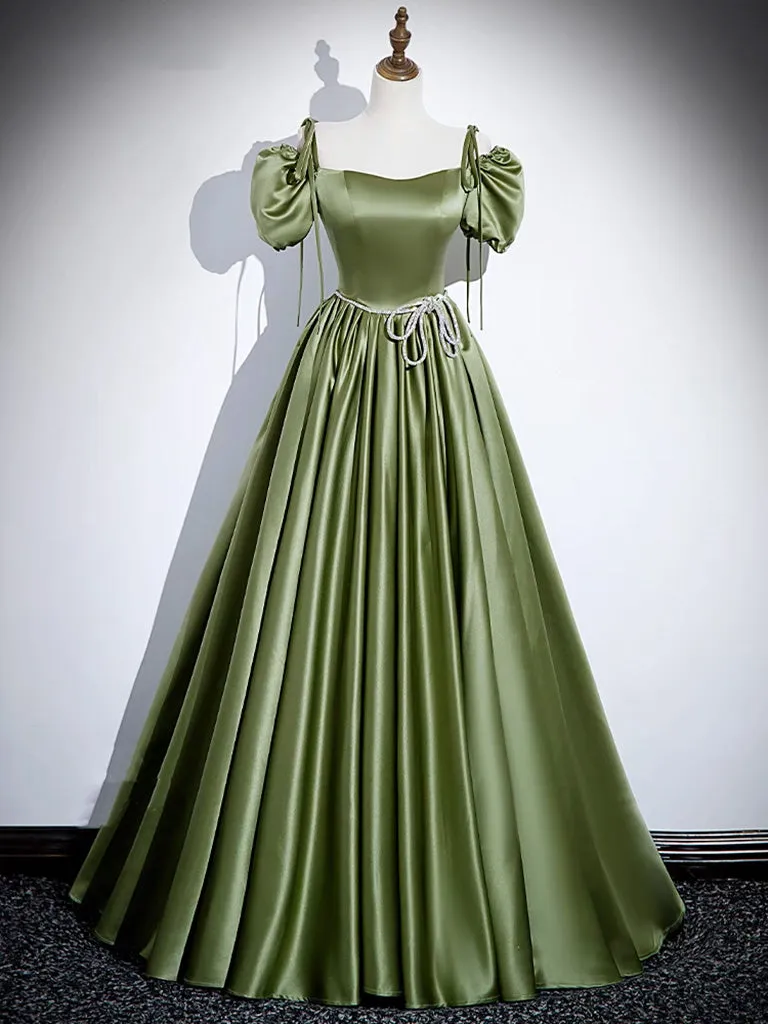 A-Line Satin Green Long Prom Dress, Green Formal Evening Dress