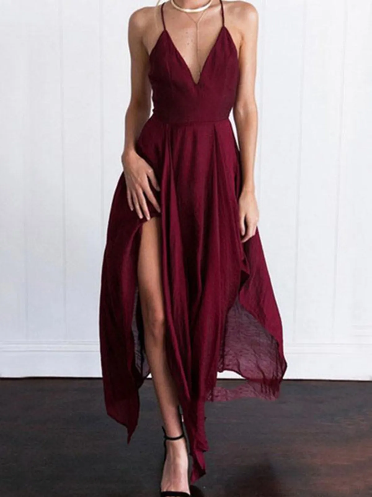 A Line V Neck Backless Long Maroon/Burgundy Prom Dresses, Backless Formal Dresses, Backless Maroon/Burgundy Bridesmaid Dresses