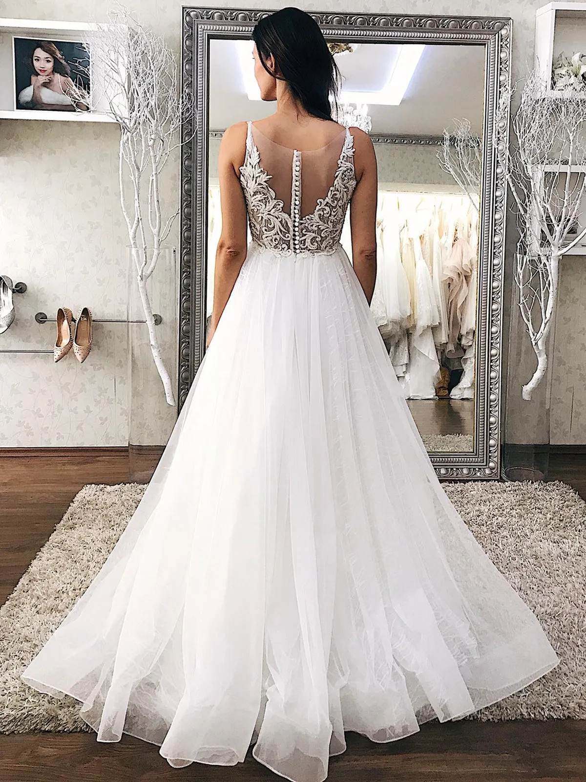 A Line V Neck Ivory Lace Long Prom Dresses, White Lace Wedding Dresses, Ivory Formal Evening Dresses SP2106