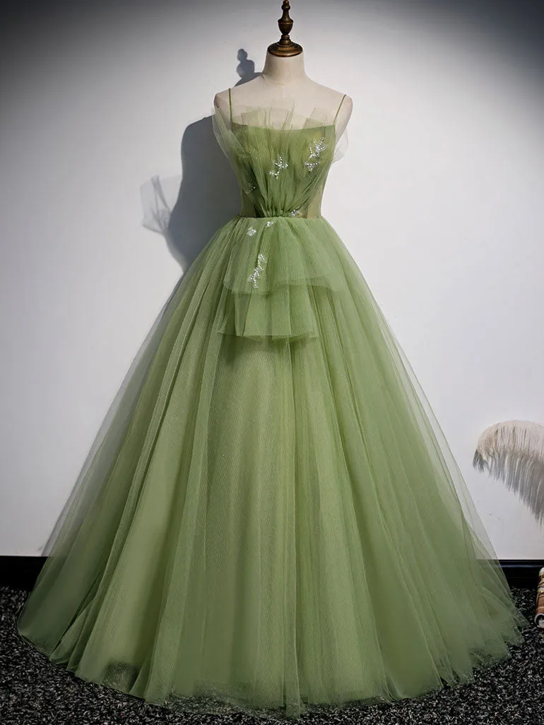 Aline Tulle Green Long Prom Dresses, Green Formal Graduation Dress with Beading