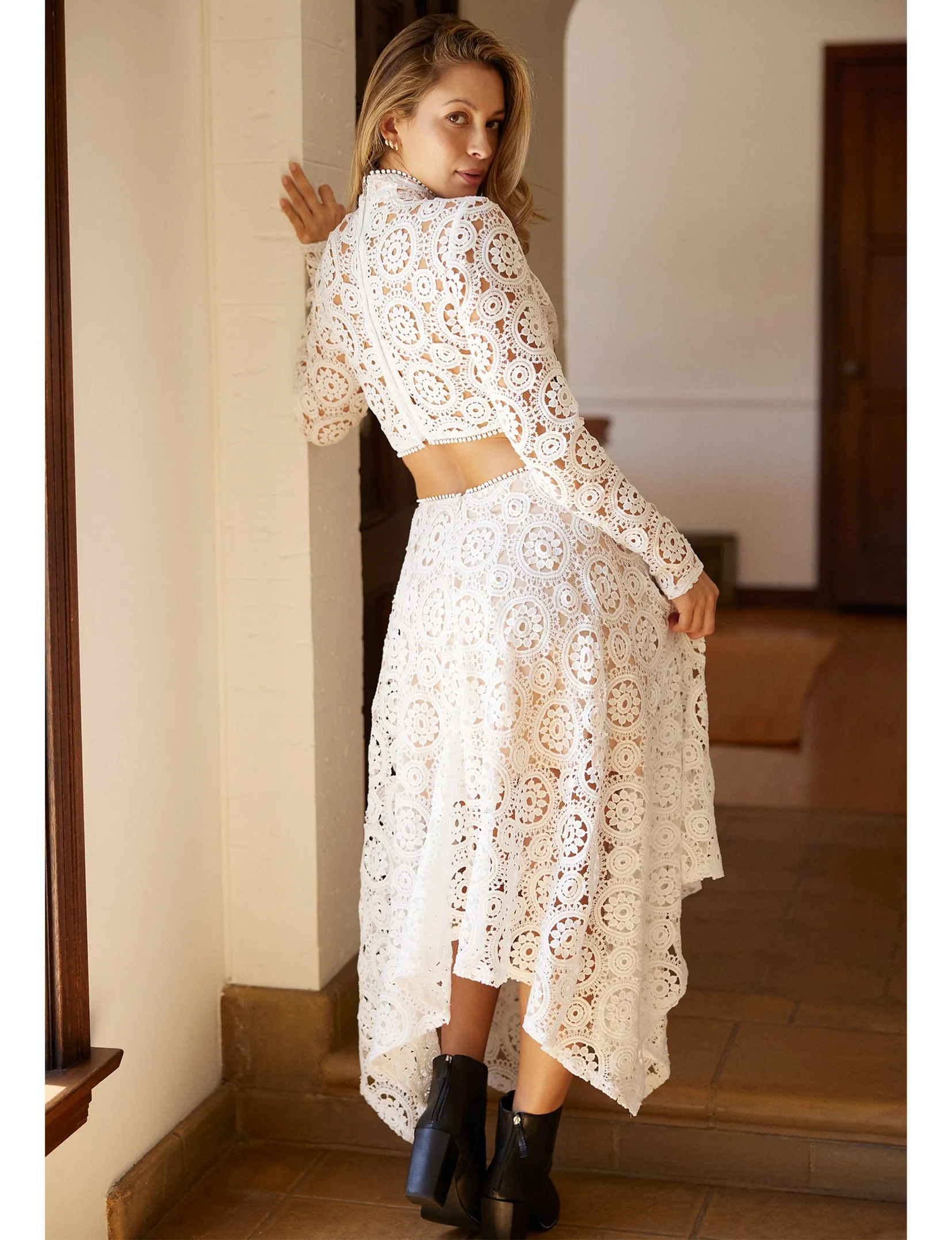 Artisan Crochet Lace Midi Dress, Off White