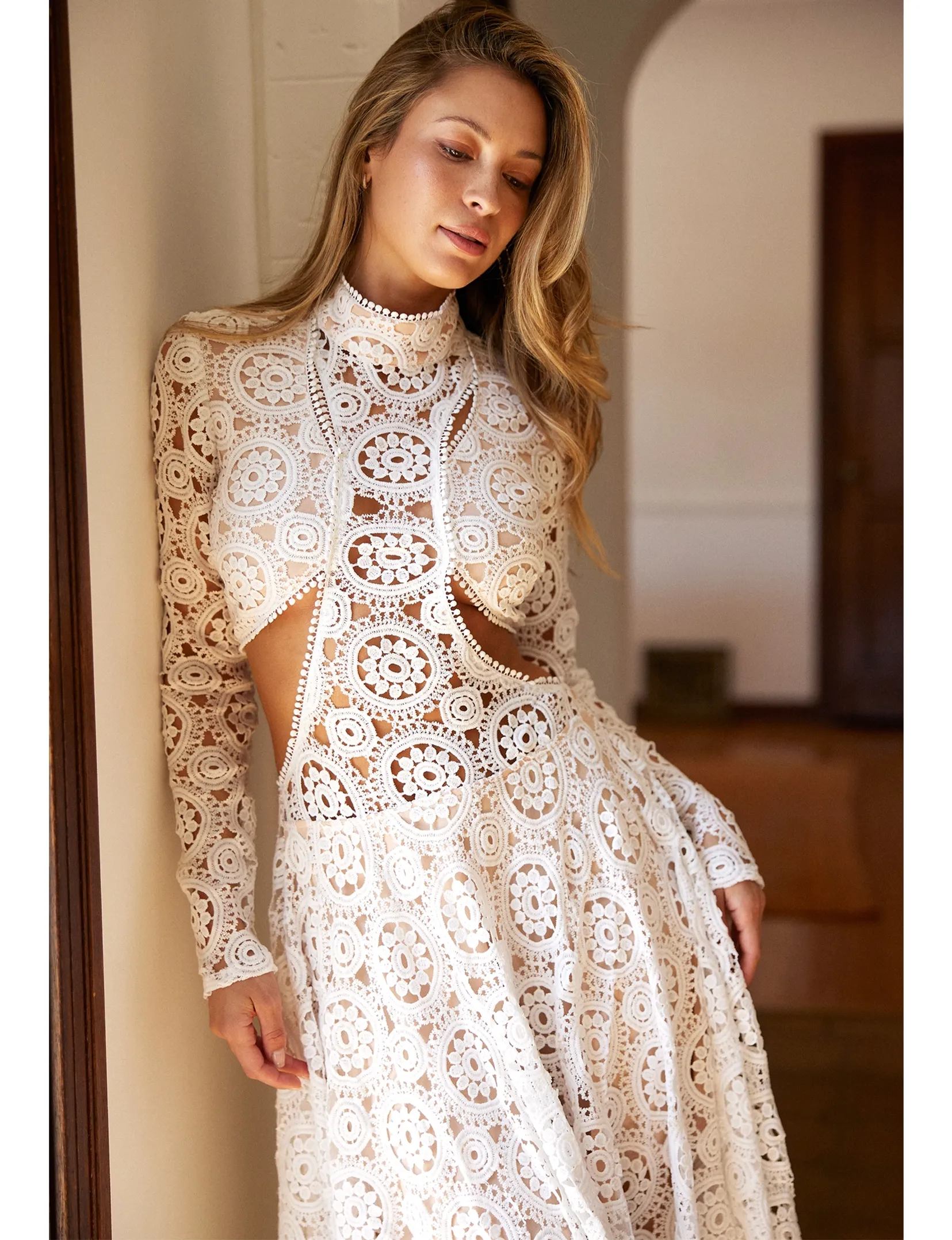 Artisan Crochet Lace Midi Dress, Off White