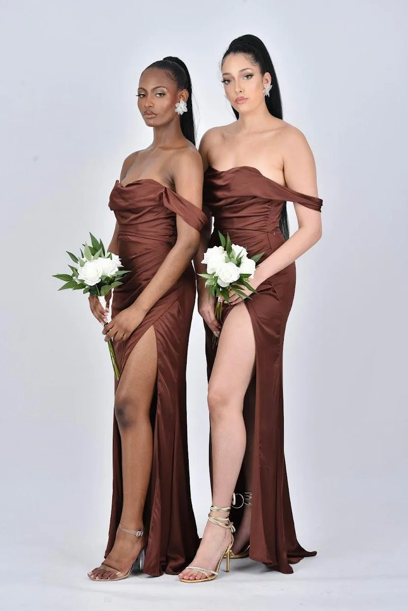 AVERY Satin Off Shoulder Cowl Neck Bridesmaids Maxi Dress with Side Split - Chocolate Brown