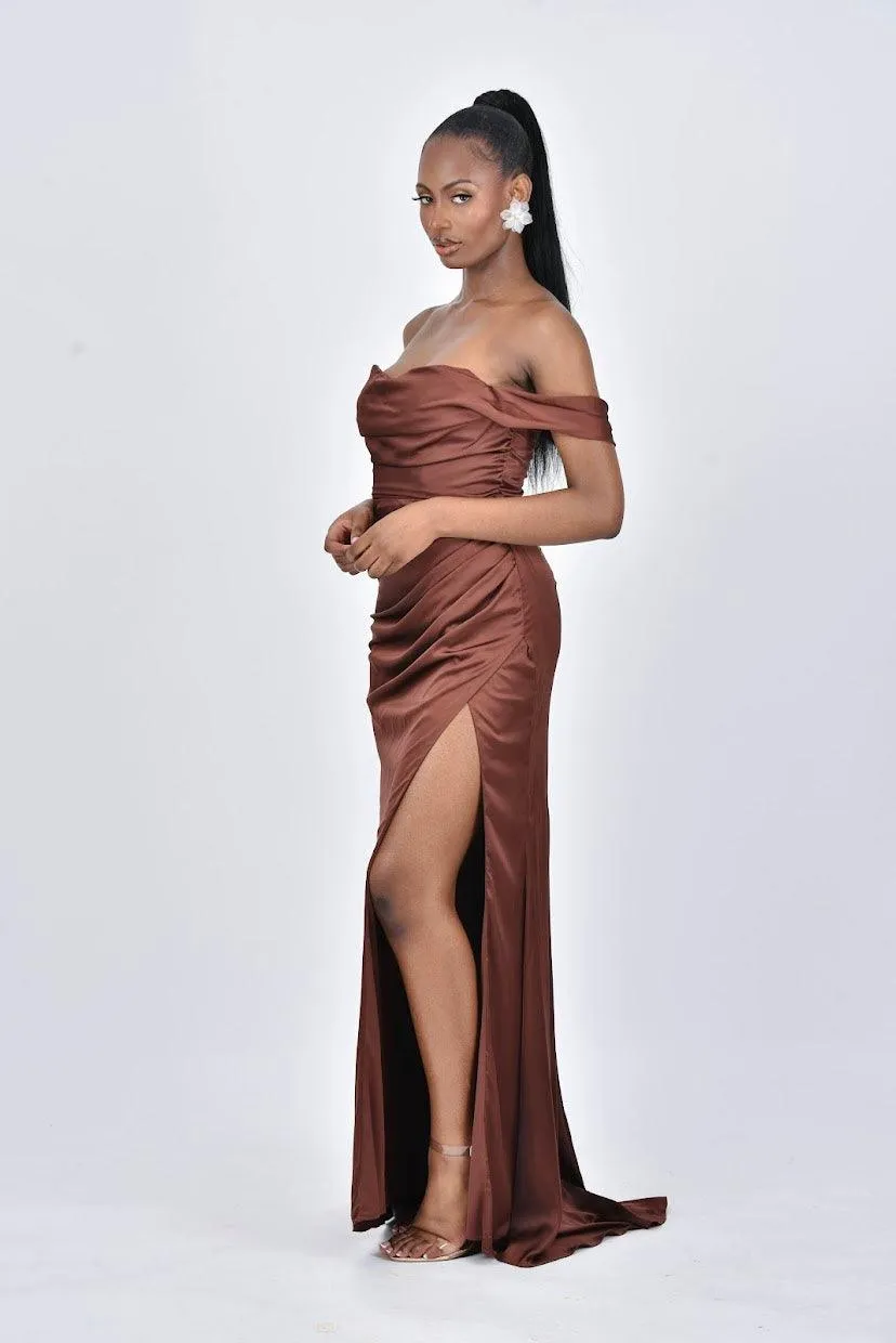 AVERY Satin Off Shoulder Cowl Neck Bridesmaids Maxi Dress with Side Split - Chocolate Brown