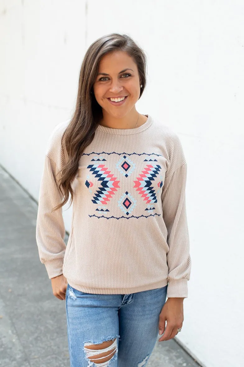 Beige Wavy Rib Aztec Pullover (SM-3X)