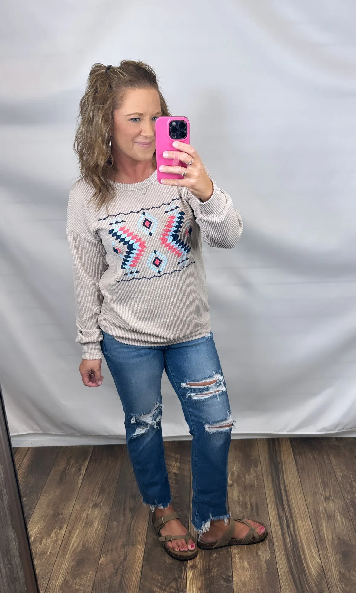 Beige Wavy Rib Aztec Pullover (SM-3X)