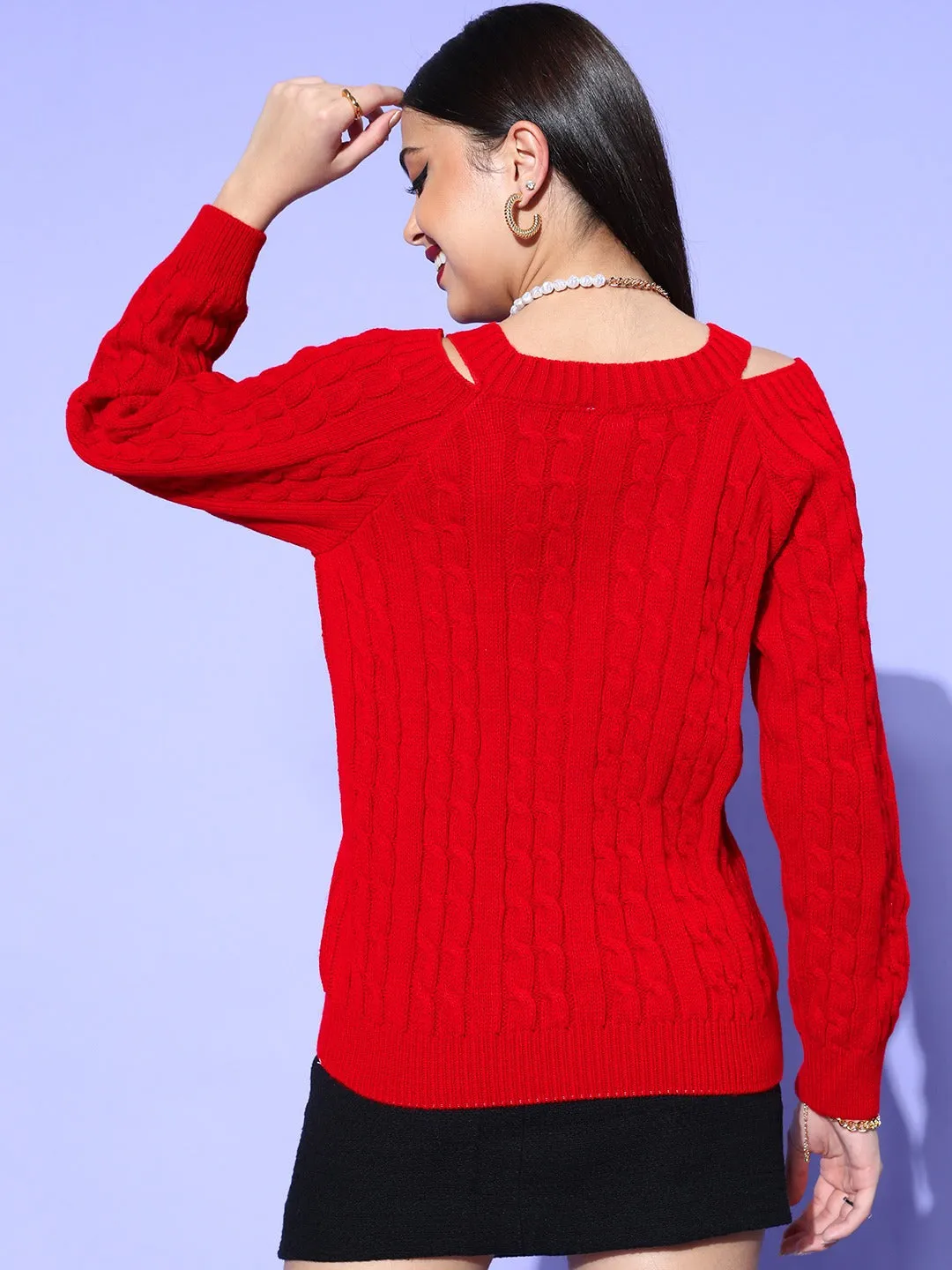 Berrylush Women Red Cable Knitted Pattern V-Neck Cutout Acrylic Ribbed Hem Regular Pullover