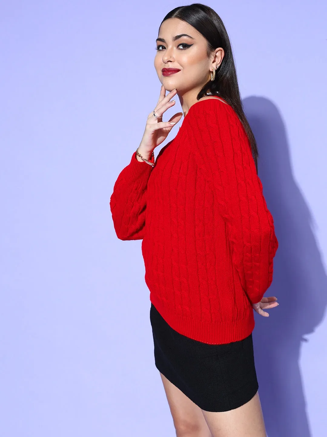 Berrylush Women Red Cable Knitted Pattern V-Neck Cutout Acrylic Ribbed Hem Regular Pullover