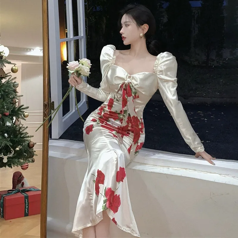 Birthday dress banquet satin mermaid long-sleeved floral dress     S5783