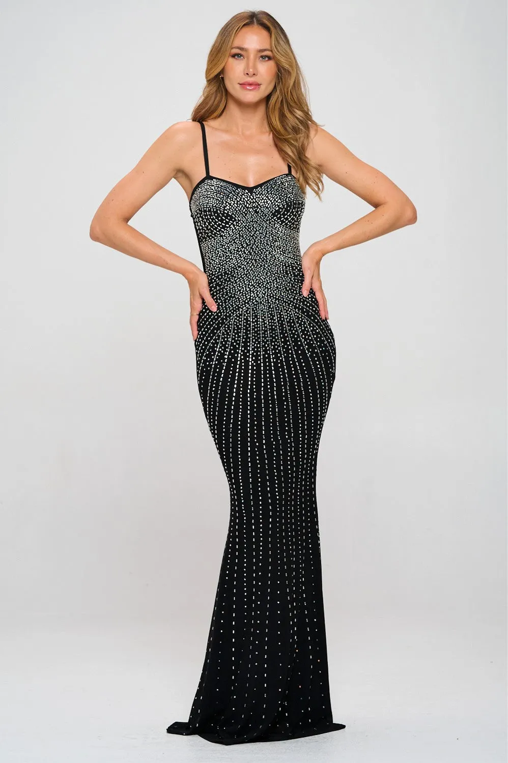 Black All Rhinestone Maxi Dress