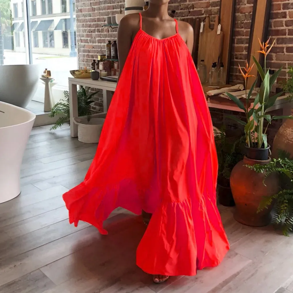 Bohemian Beach Sundress Sexy Sleeveless Backless Big Swing Maxi Long Dress Strapless Ruffles Midi Dresses Vacation Vestidos