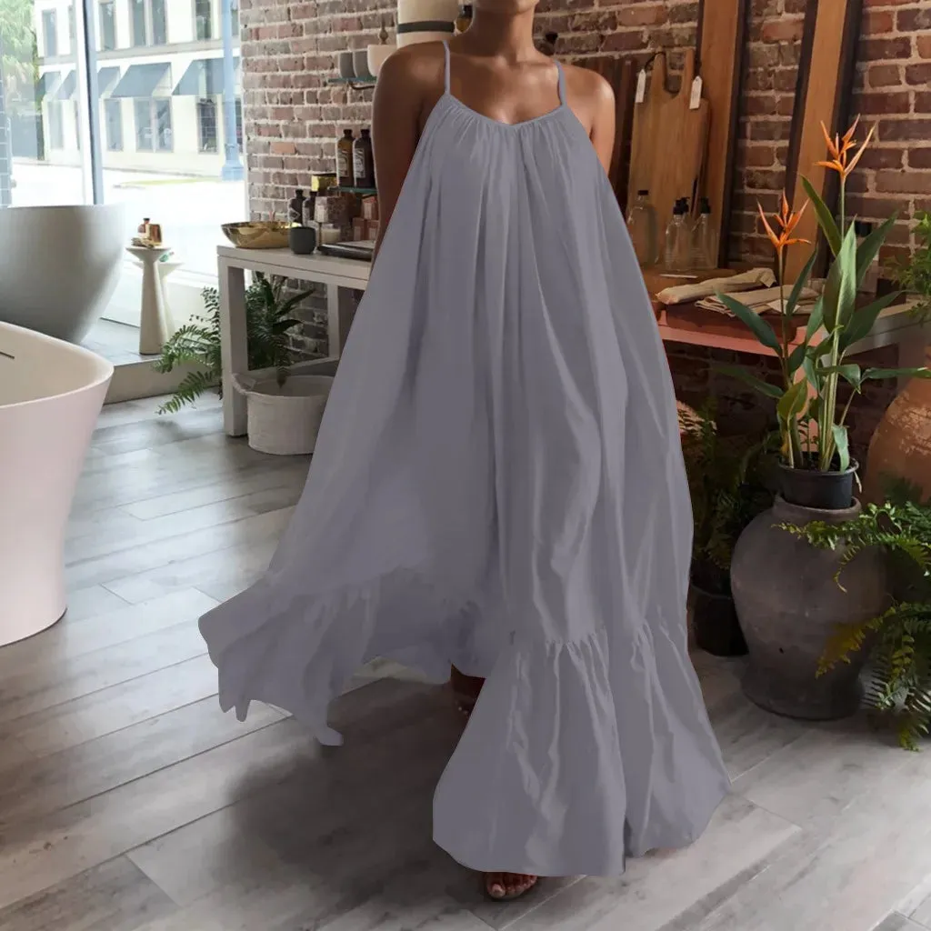 Bohemian Beach Sundress Sexy Sleeveless Backless Big Swing Maxi Long Dress Strapless Ruffles Midi Dresses Vacation Vestidos