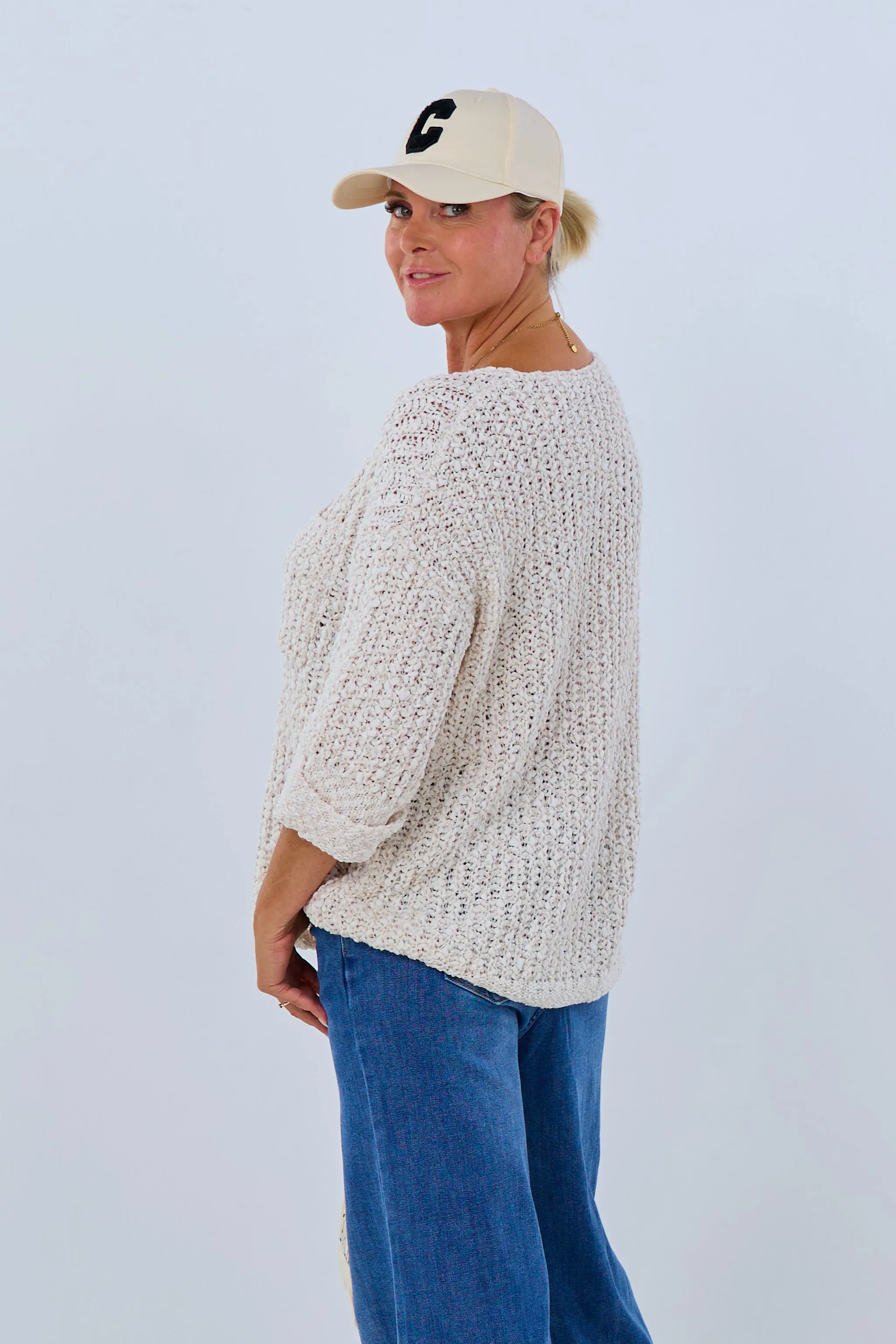 Bouclé Pulli mit 3/4 Ärmeln, creme