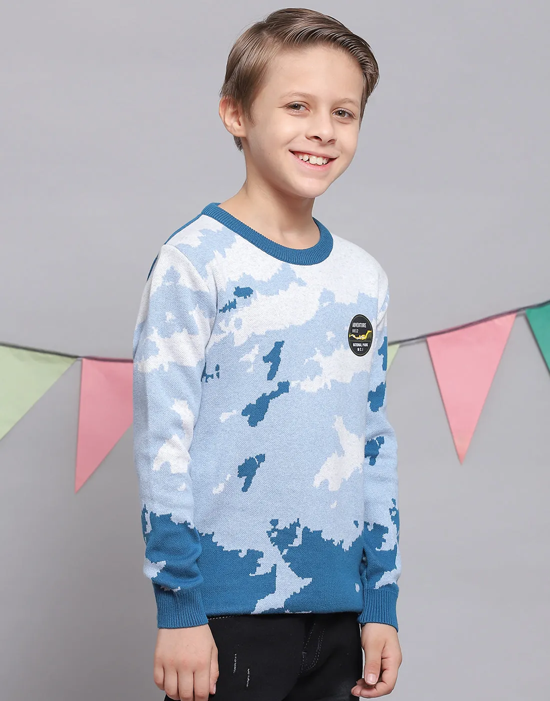 Boys Blue Printed Round Neck Full Sleeve Sweater