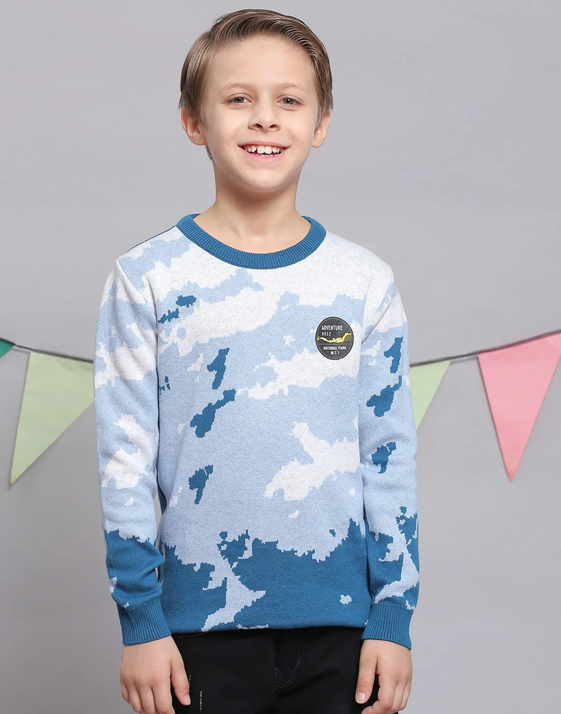 Boys Blue Printed Round Neck Full Sleeve Sweater