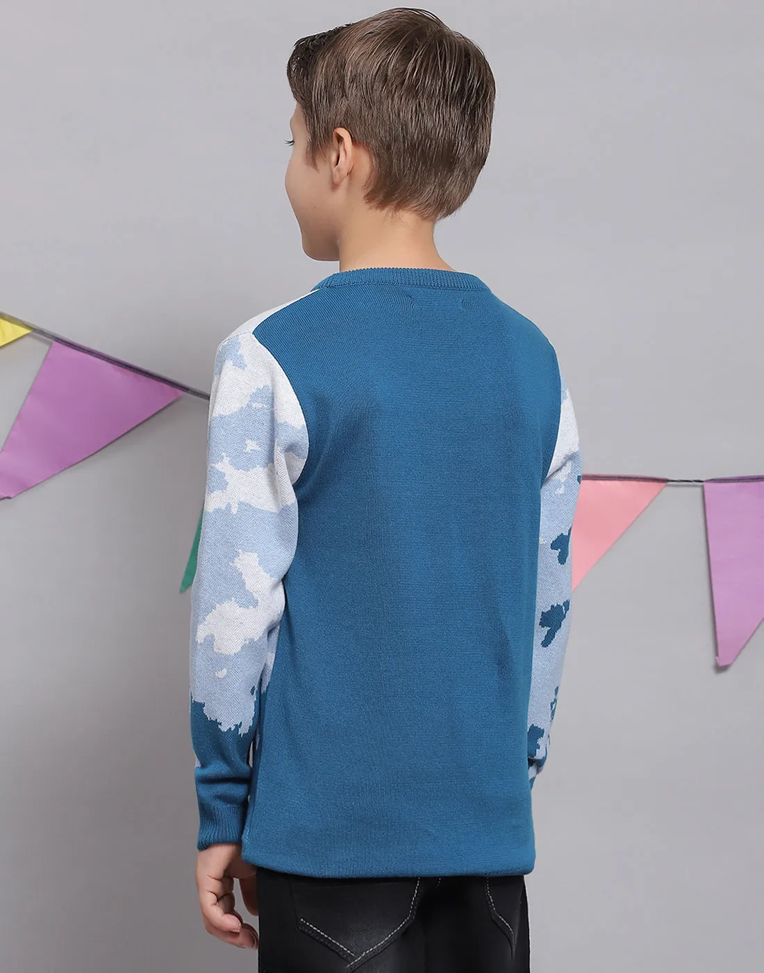 Boys Blue Printed Round Neck Full Sleeve Sweater