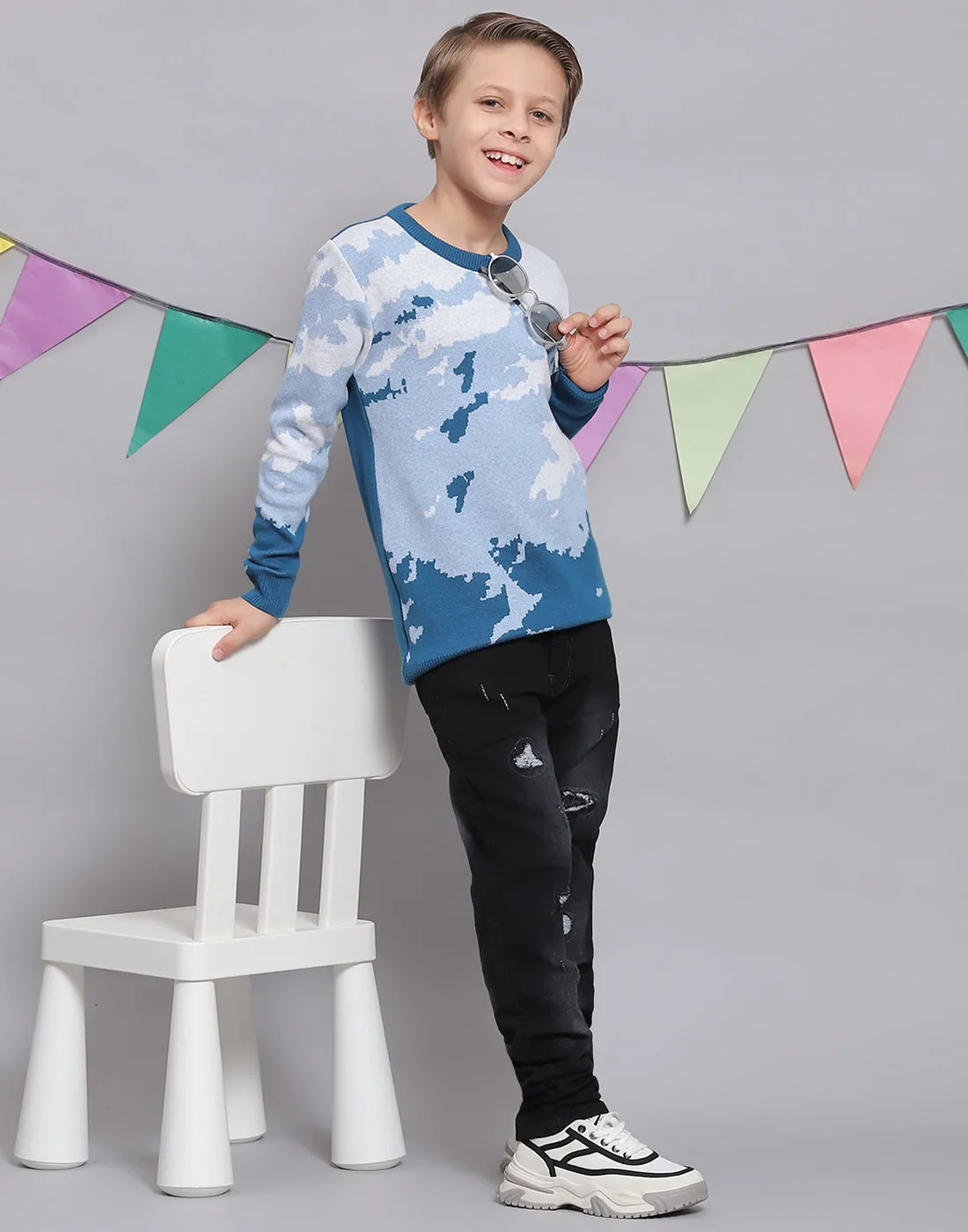 Boys Blue Printed Round Neck Full Sleeve Sweater