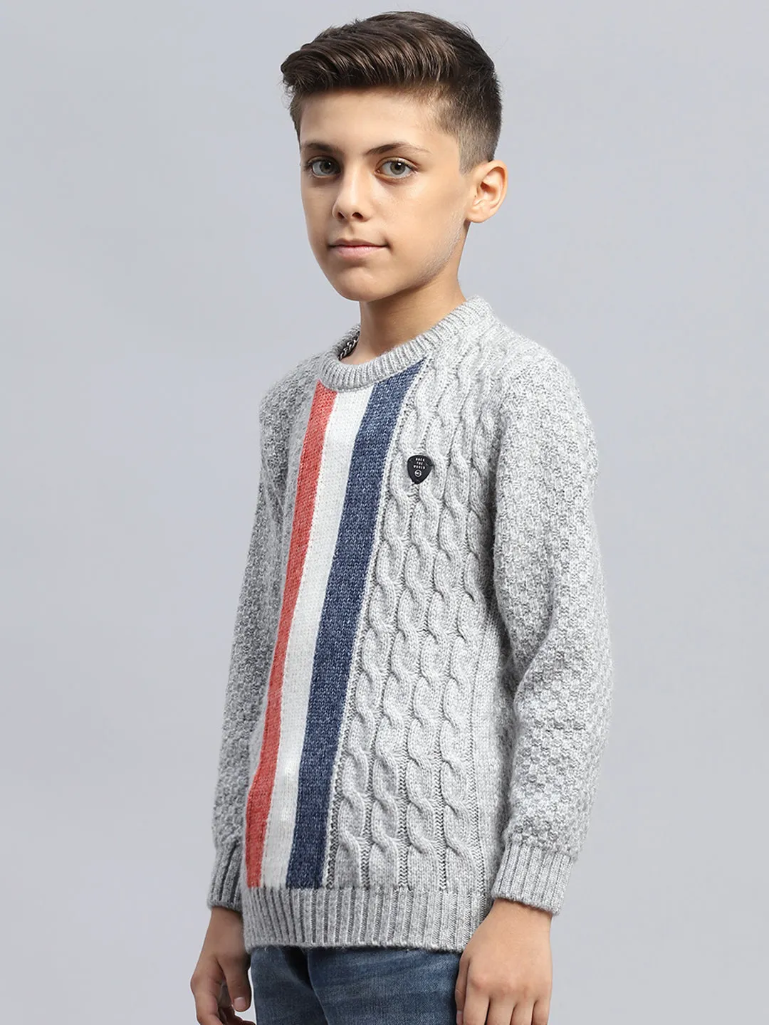 Boys Grey Self Design Round Neck Full Sleeve Pullover