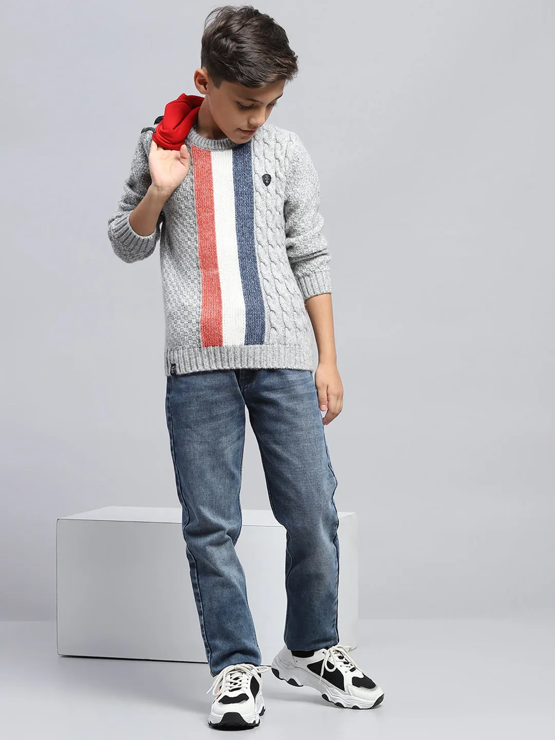 Boys Grey Self Design Round Neck Full Sleeve Pullover