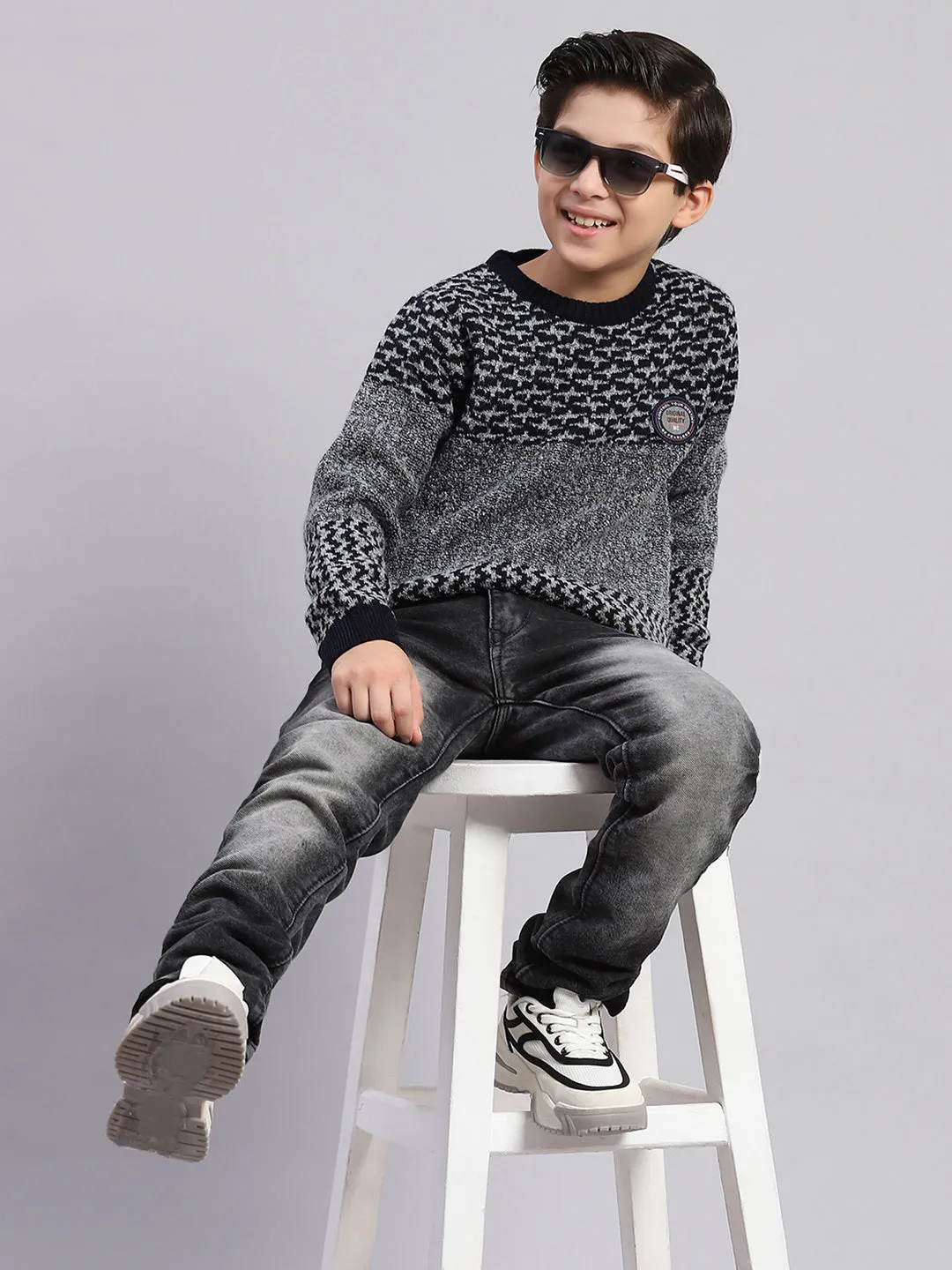 Boys Grey Self Design Round Neck Full Sleeve Sweater