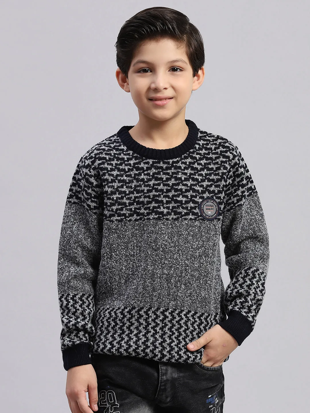 Boys Grey Self Design Round Neck Full Sleeve Sweater