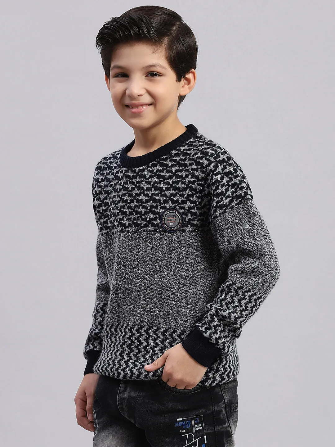 Boys Grey Self Design Round Neck Full Sleeve Sweater