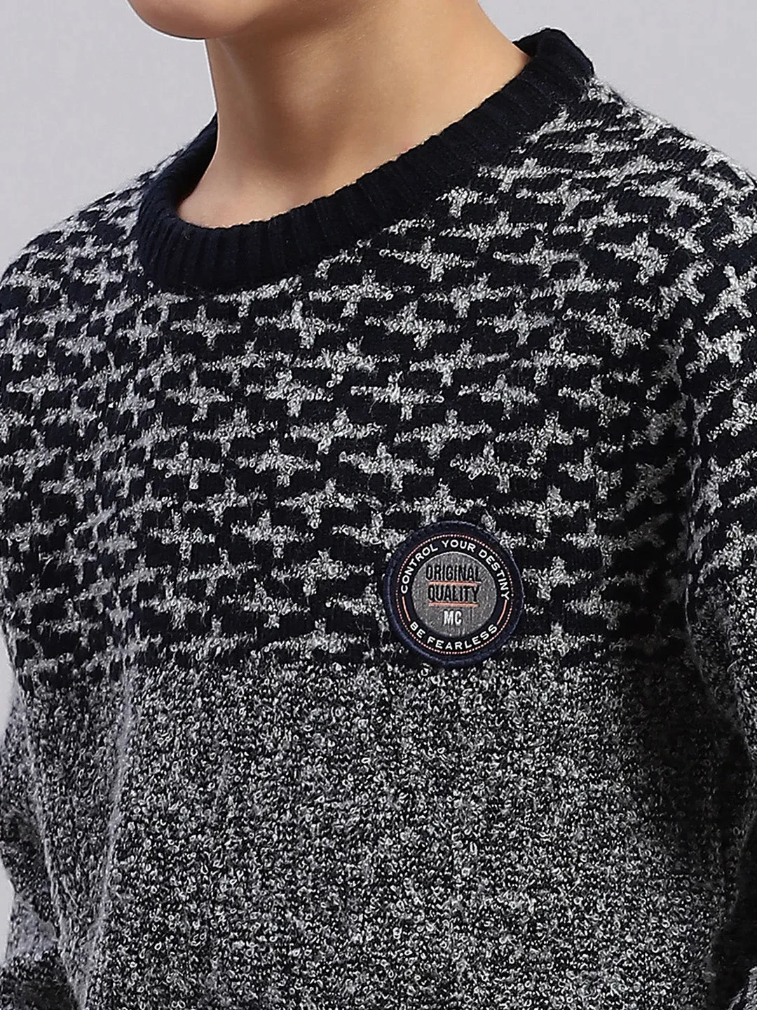 Boys Grey Self Design Round Neck Full Sleeve Sweater