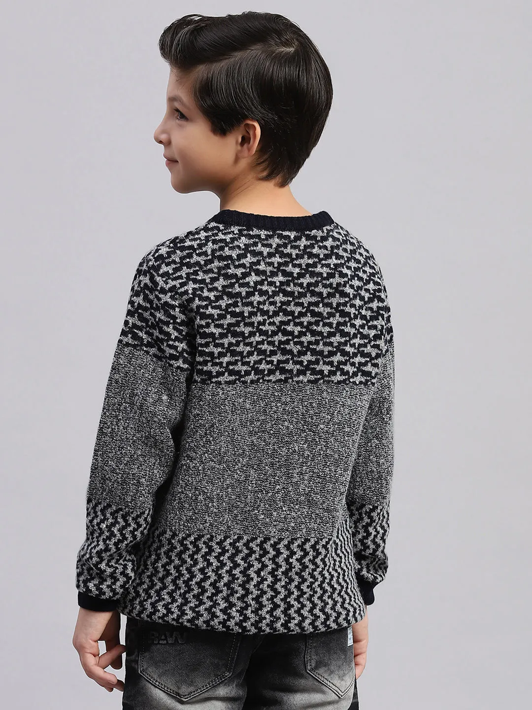 Boys Grey Self Design Round Neck Full Sleeve Sweater