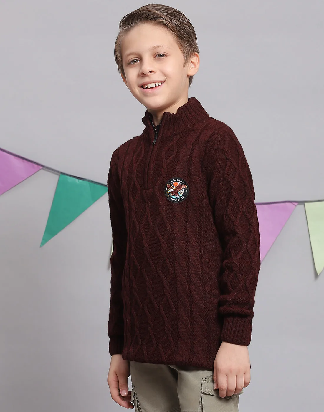 Boys Maroon Self Design H Neck Full Sleeve Sweater