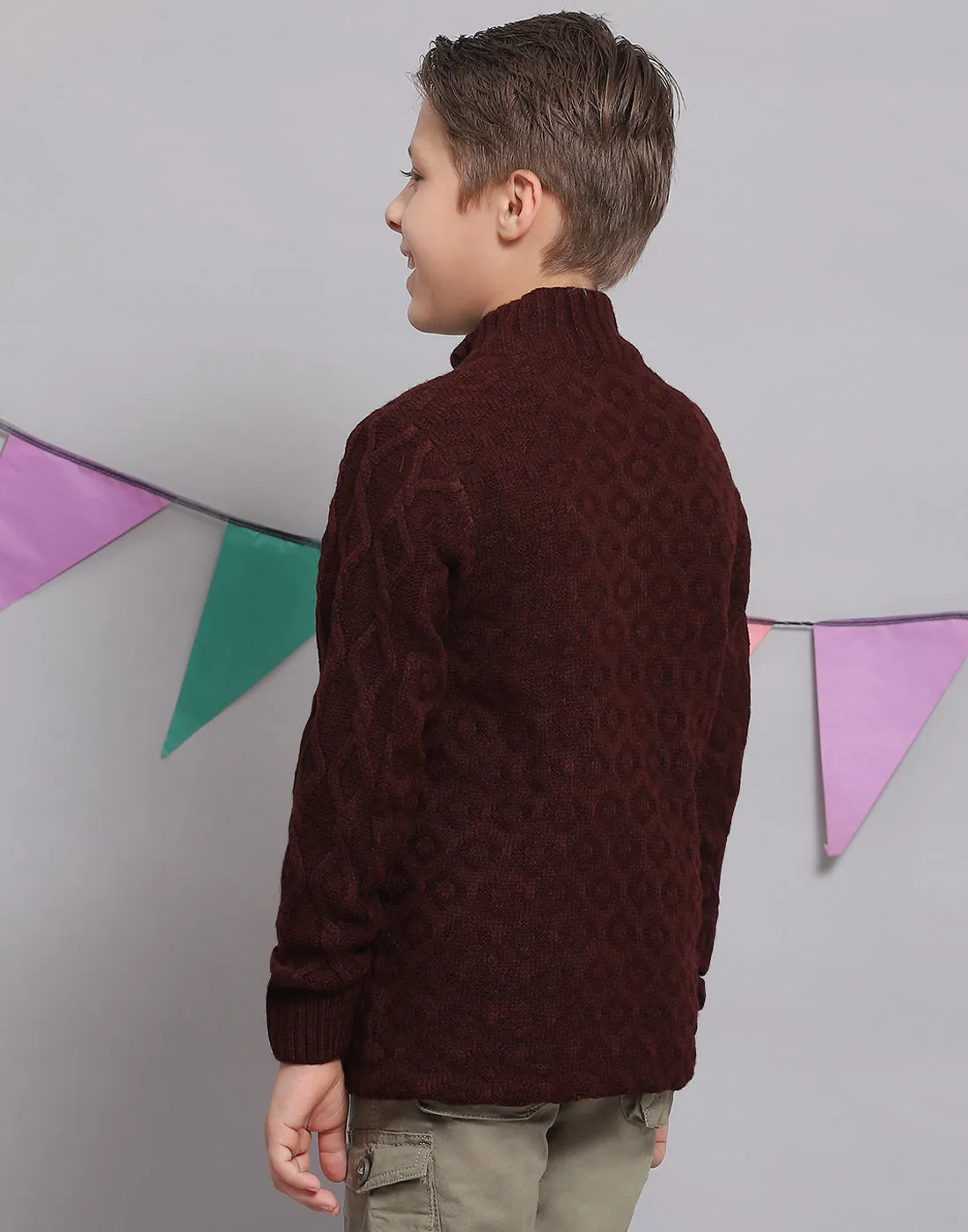 Boys Maroon Self Design H Neck Full Sleeve Sweater