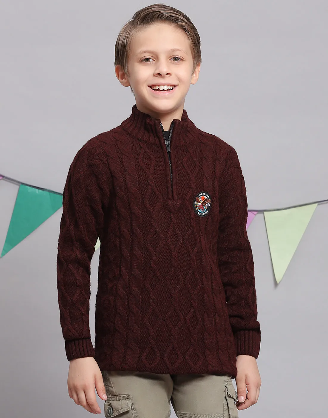 Boys Maroon Self Design H Neck Full Sleeve Sweater