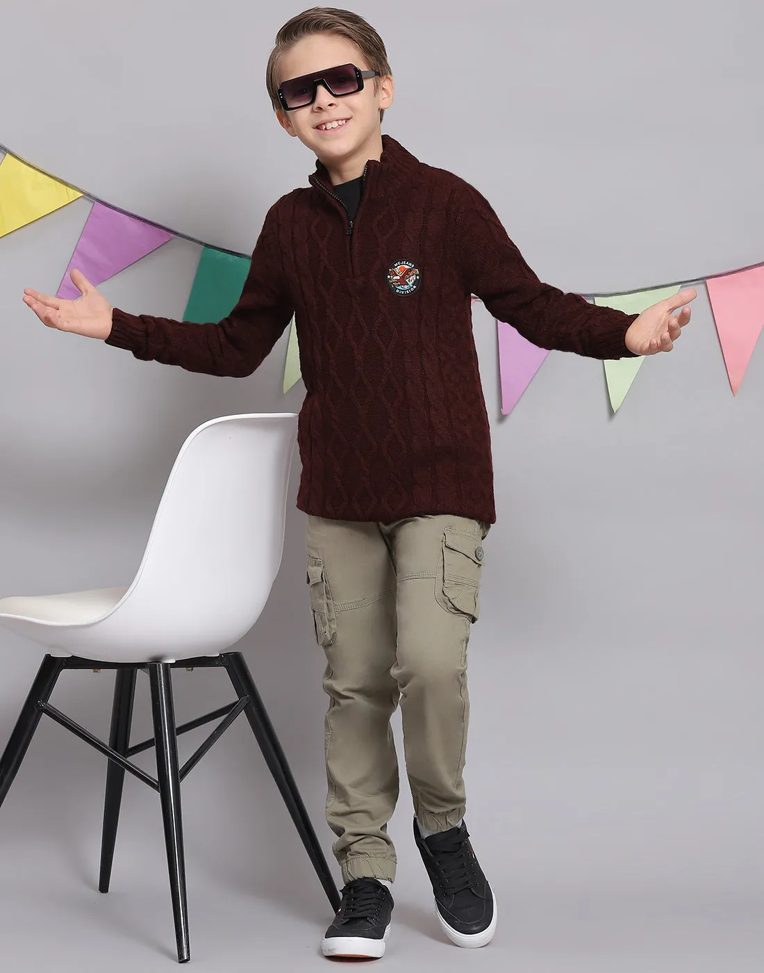 Boys Maroon Self Design H Neck Full Sleeve Sweater