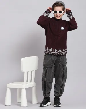 Boys Maroon Self Design Round Neck Full Sleeve Sweater