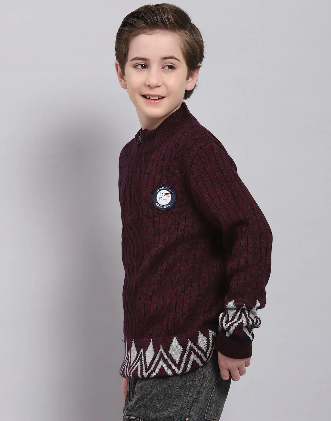 Boys Maroon Self Design Round Neck Full Sleeve Sweater