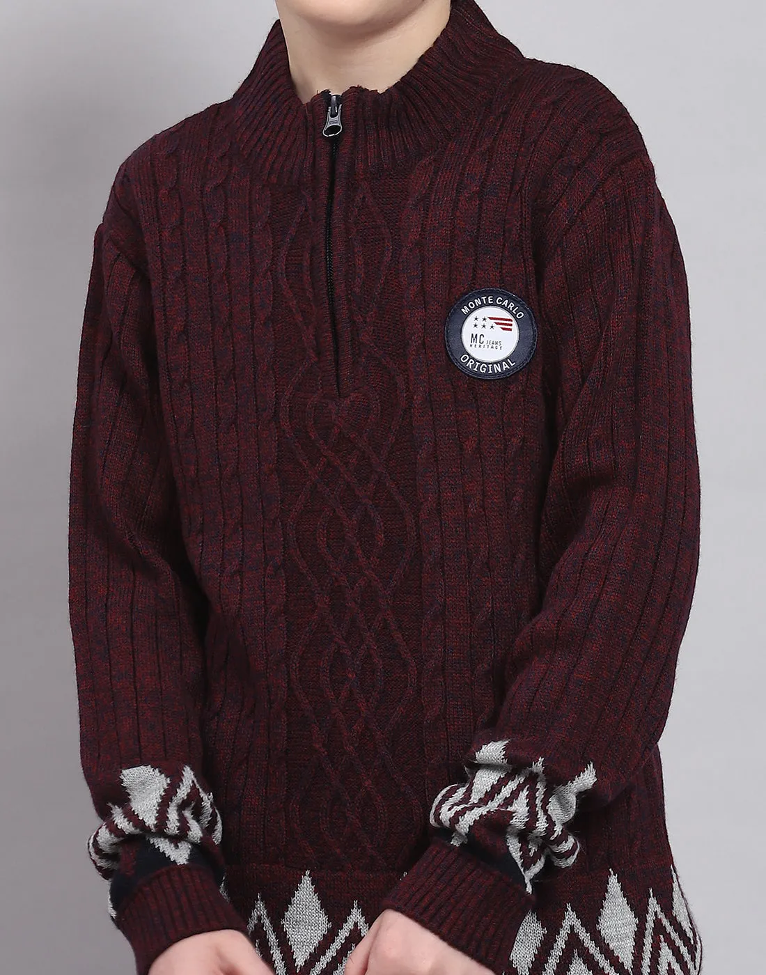 Boys Maroon Self Design Round Neck Full Sleeve Sweater