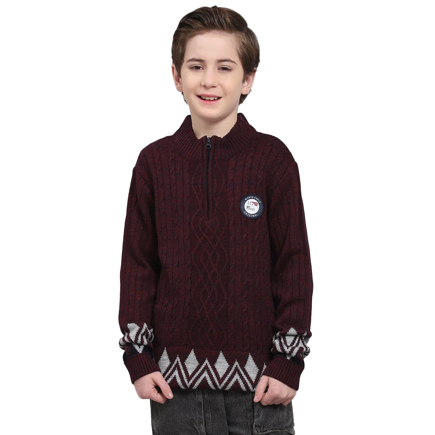 Boys Maroon Self Design Round Neck Full Sleeve Sweater